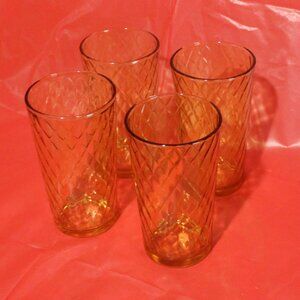 Vintage Set of 4 Amber Drinking Glasses - Diamond Pattern